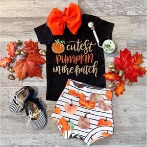 Three piece baby girl toddler shorts outfit bow NEW Fall pumpkin